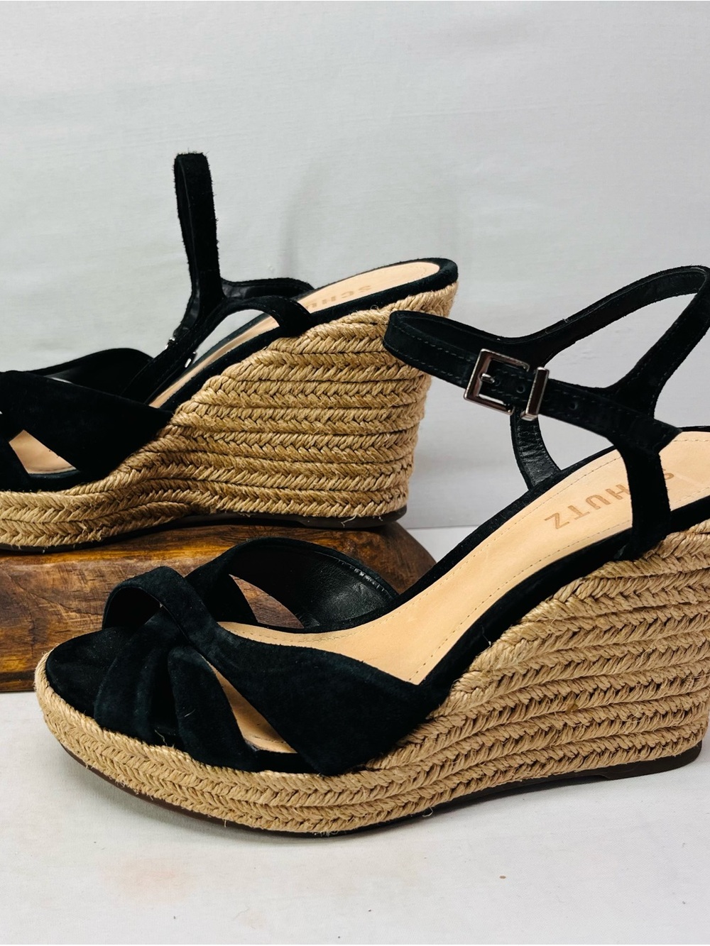 SCHUTZ Black Suede Espadrille Wedge Sandals